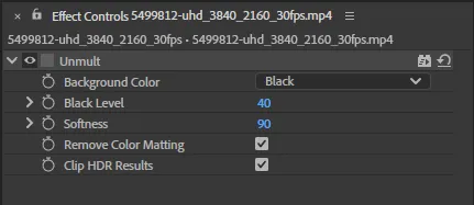 настройки эффекта unmult из after effects 2026